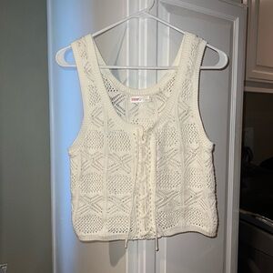 Trendy Cream Lace-Up Knit Crop Top